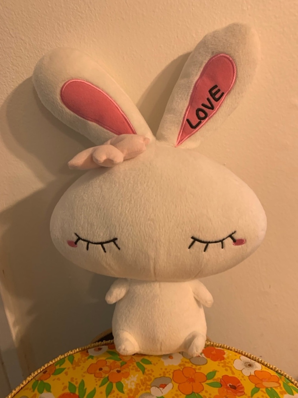 Plush White Bunny with Pink Ear Accents - LOVE Embroidery nwt